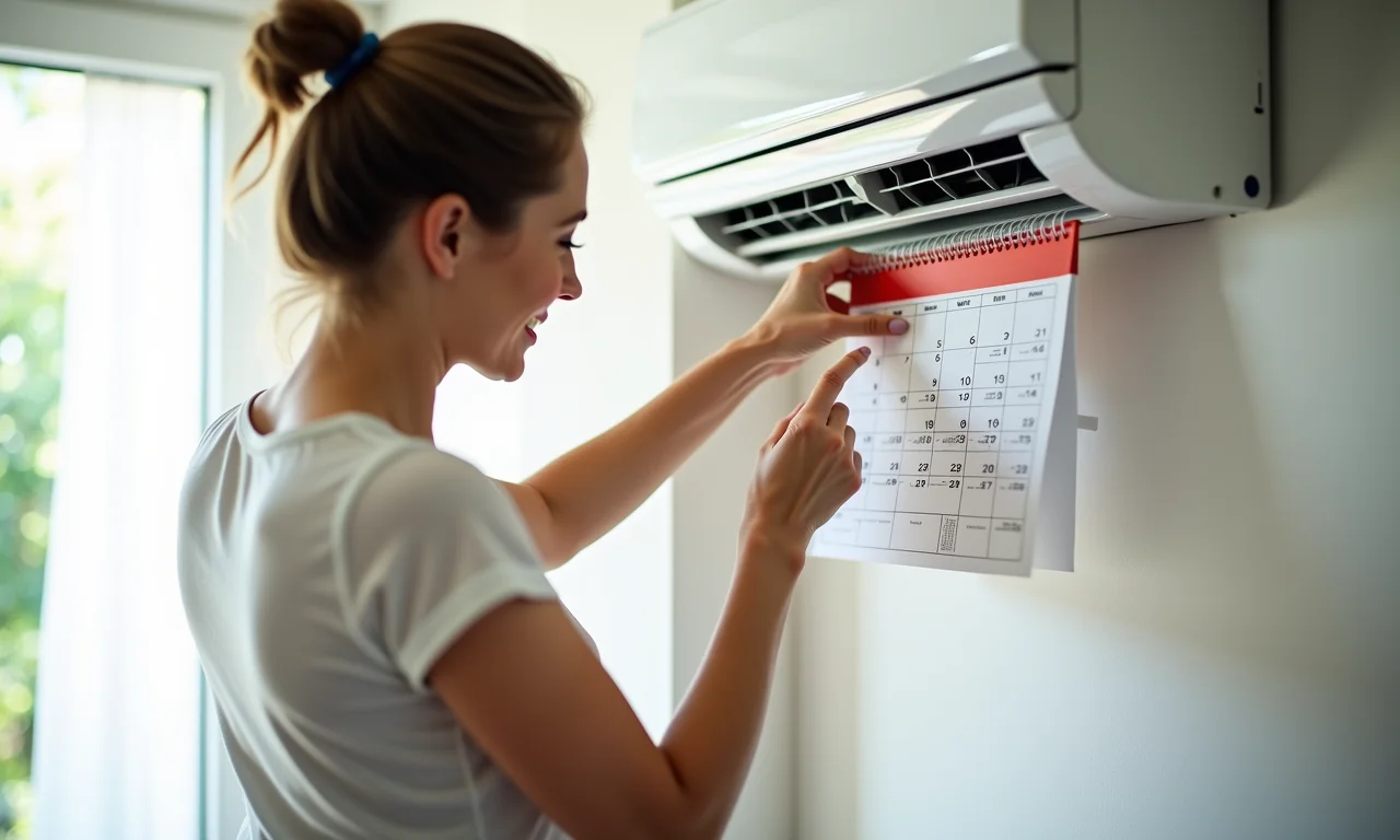 Mulher marcando no calendário a data para limpar o filtro do ar condicionado.