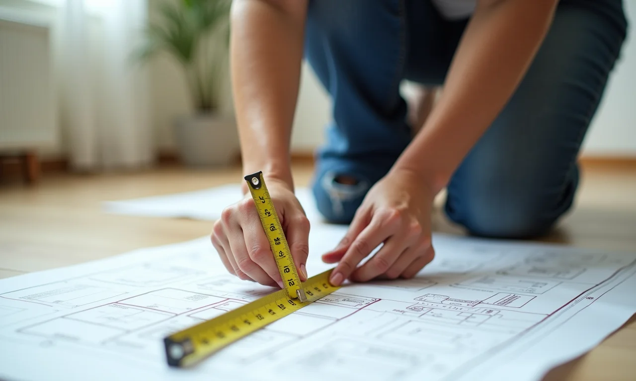 Mulher medindo área do cômodo com fita métrica para cálculo de piso.