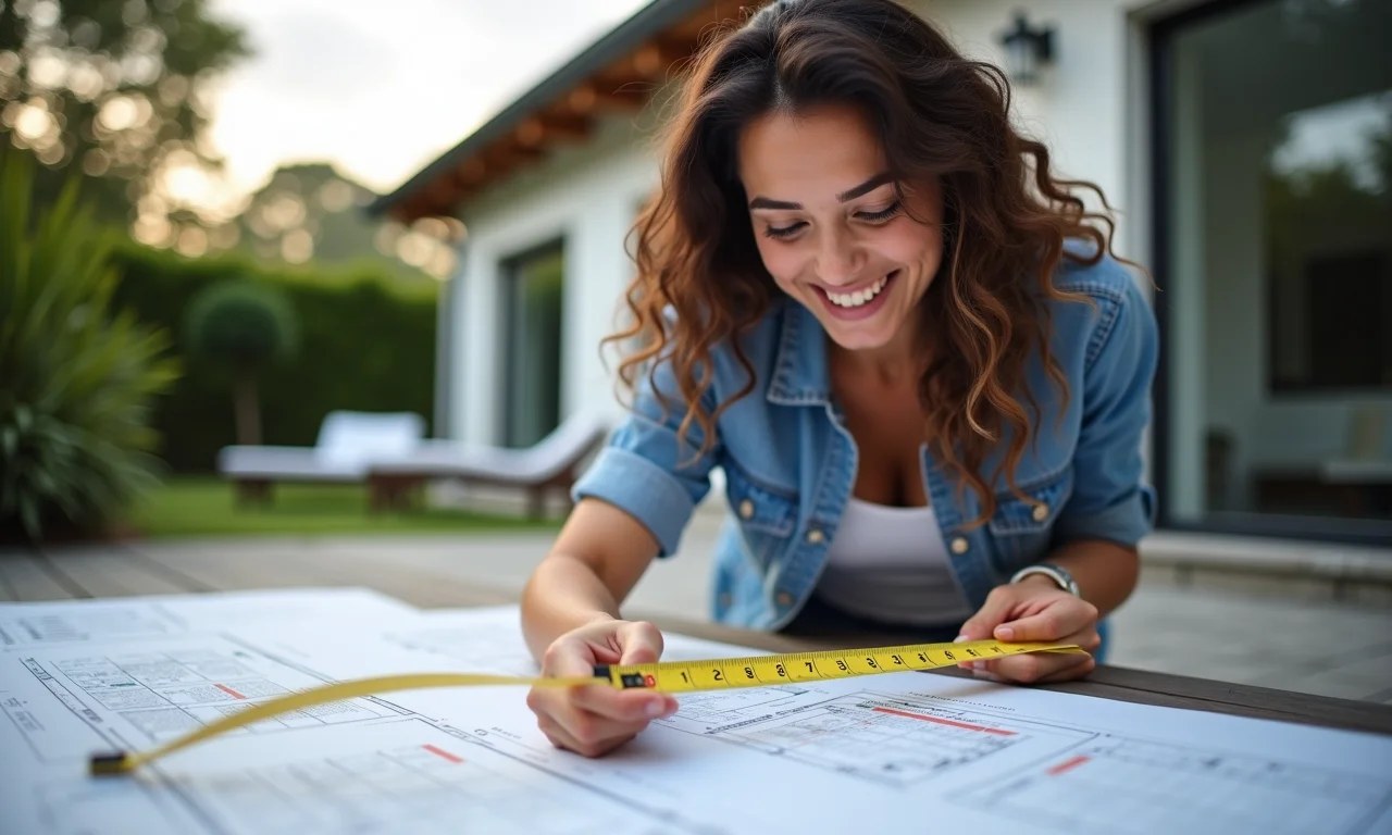 Mulher medindo espaço externo para planejar a disposição de móveis de fibra.