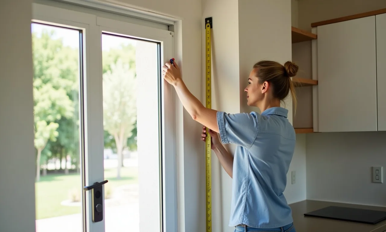 Mulher medindo espaço para instalação de porta de correr.