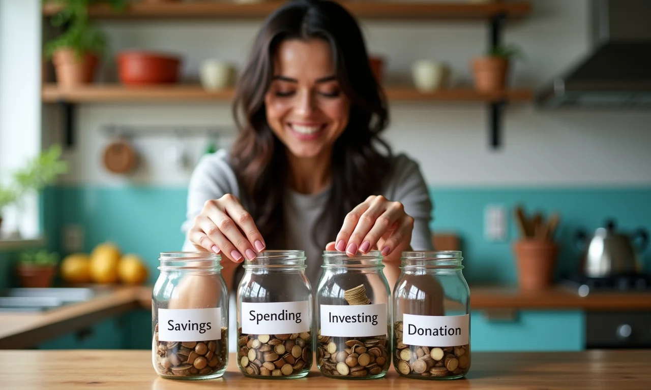 Mulher montando cofrinho de 4 potes em cozinha colorida.