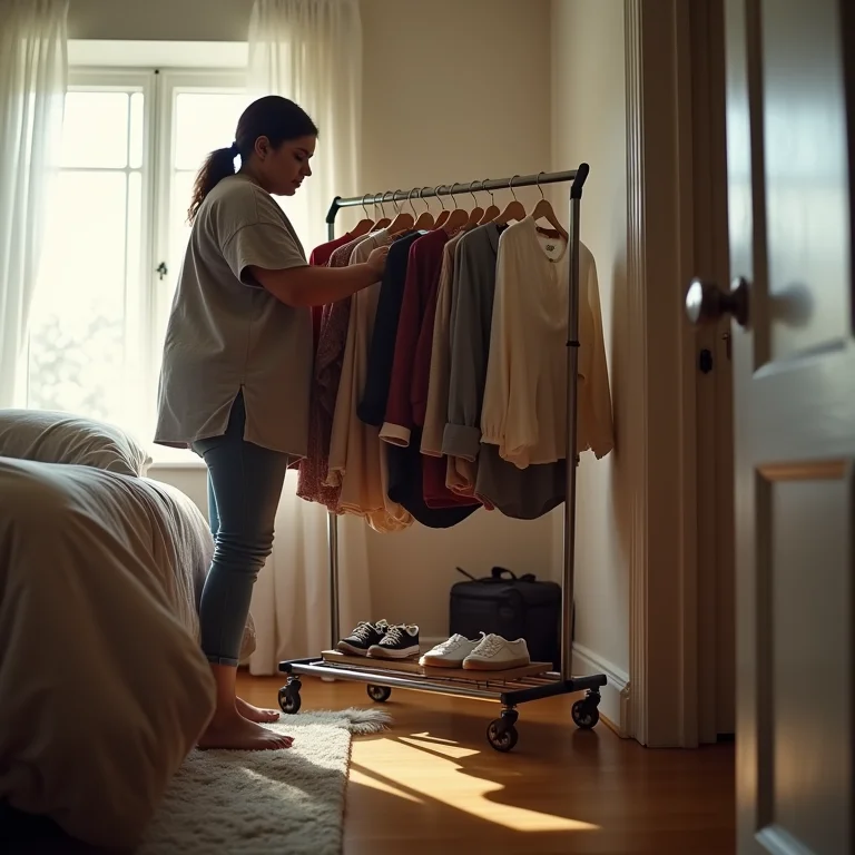 Mulher movendo arara com rodízios no quarto