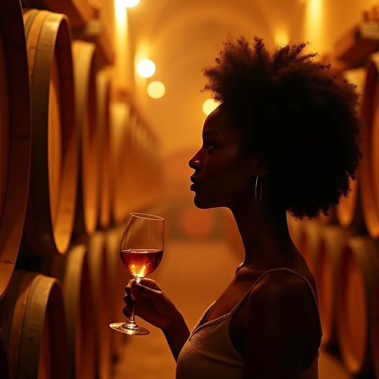 Mulher negra admirando a iluminação estética de uma adega.