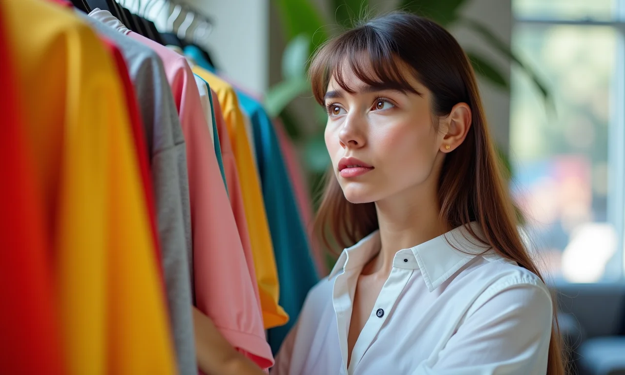 Mulher olhando roupas coloridas com dúvida e camisa branca vibrante.