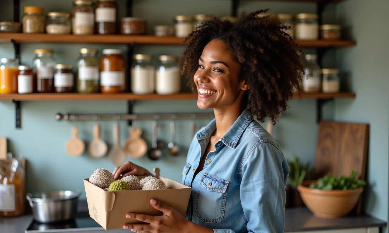 Mulher organizando as prateleiras da despensa com um sorriso.