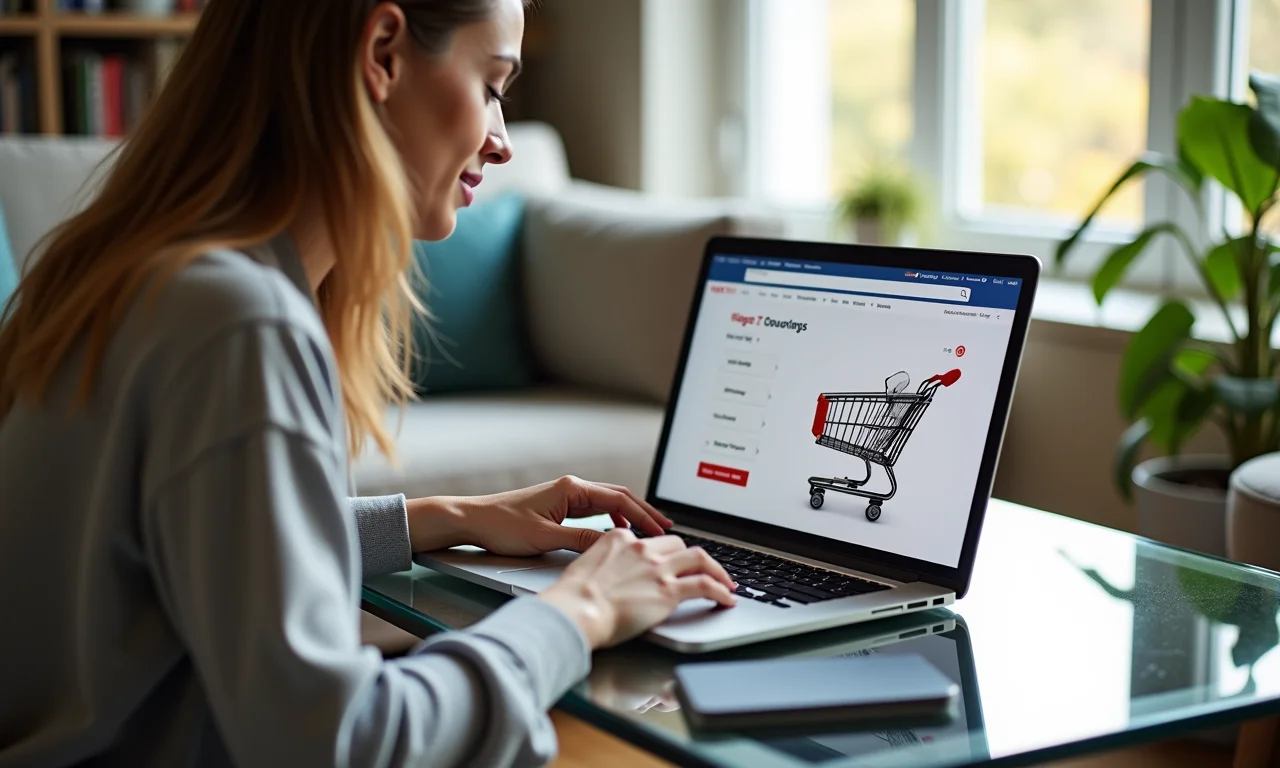 Mulher pesquisando online onde comprar mesa de centro espelhada no Brasil.