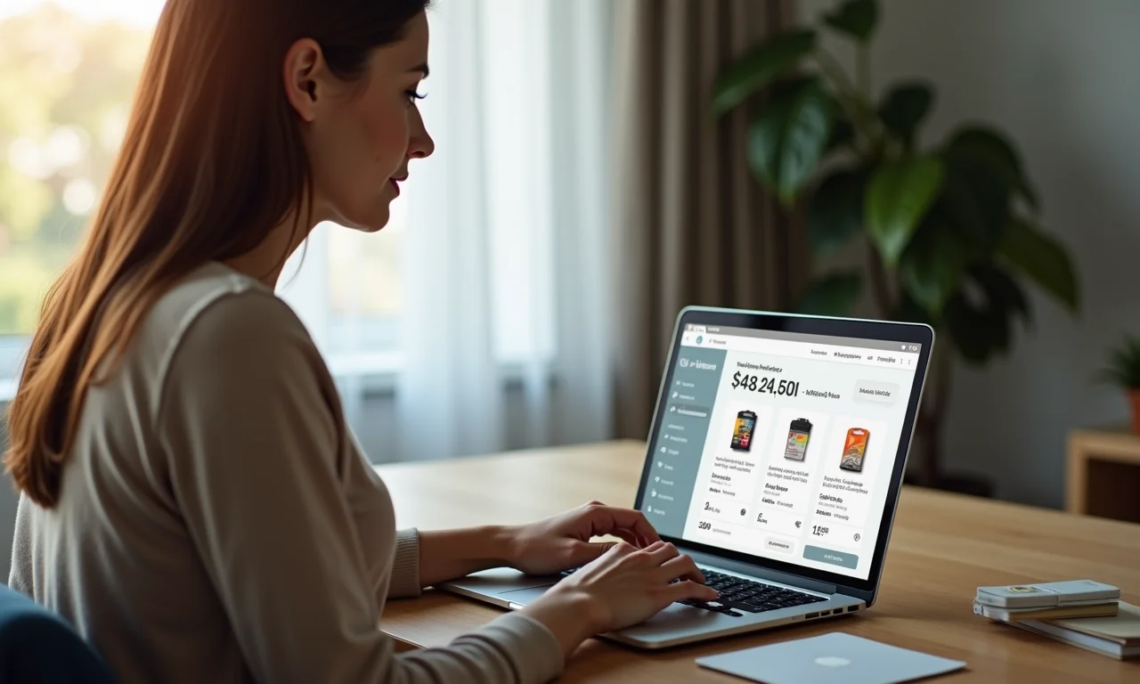 Mulher pesquisando preço de bateria para alarme online.