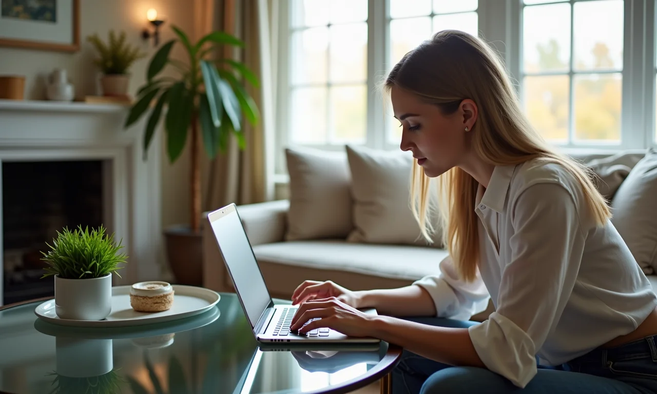 Mulher pesquisando preços de mesa espelhada online para comparar e orçar.