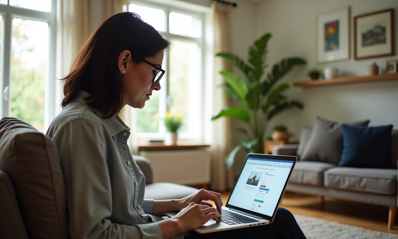 Mulher pesquisando sistemas de alarme residencial em um laptop.