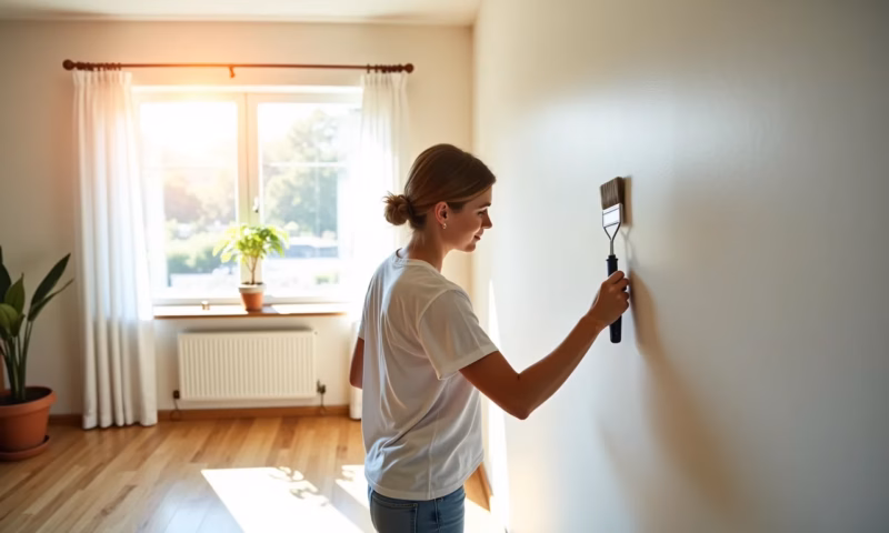 Mulher pintando parede em sala iluminada com decoração vibrante estilo Farm Rio.