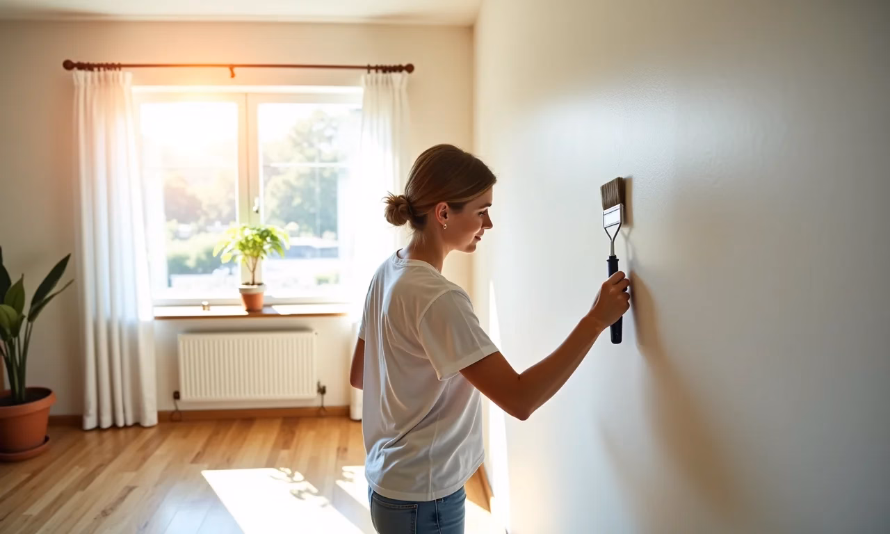 Mulher pintando parede em sala iluminada com decoração vibrante estilo Farm Rio.