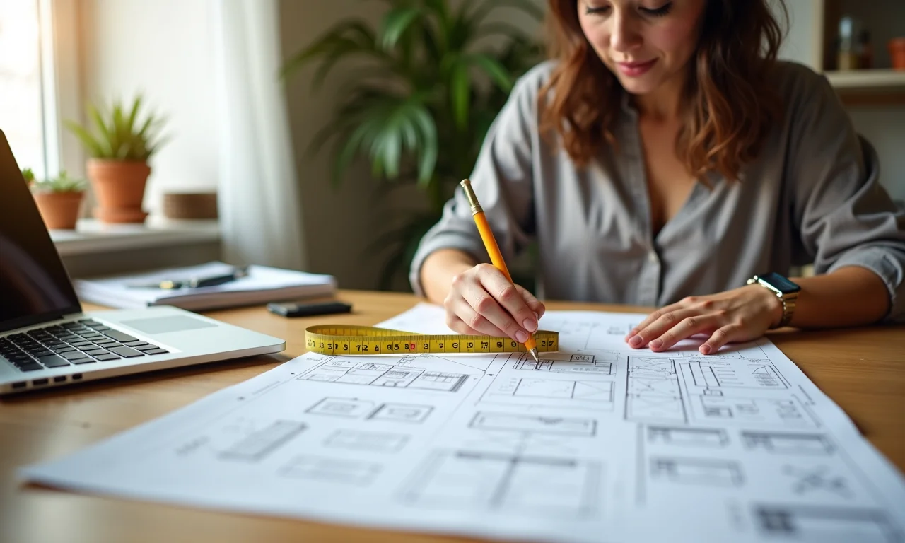 Mulher planejando a decoração da sala em apartamento pequeno com planta e fita métrica.