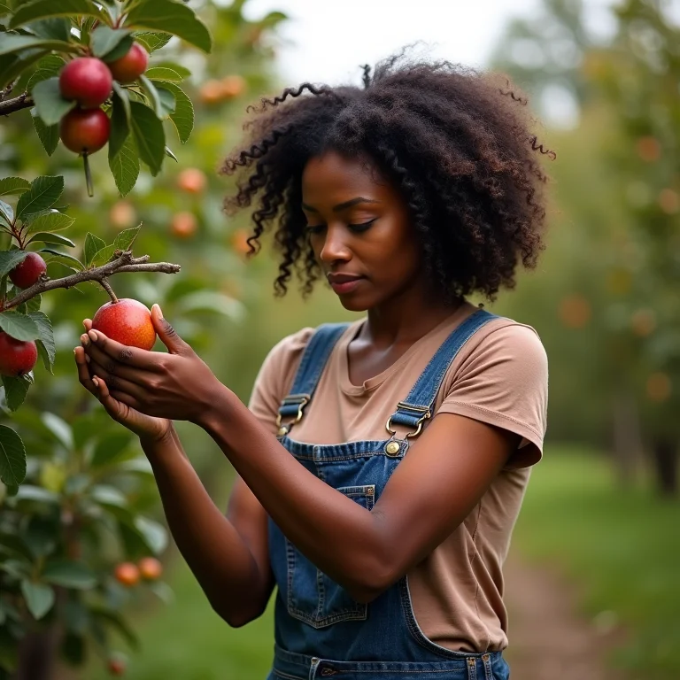Mulher podando árvore frutífera em pomar