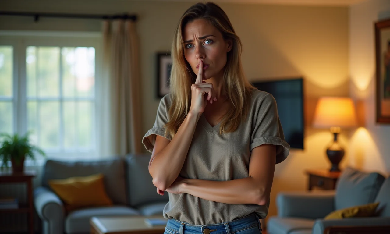 Mulher preocupada cheirando o ar em casa, suspeitando de cheiro de ozônio.