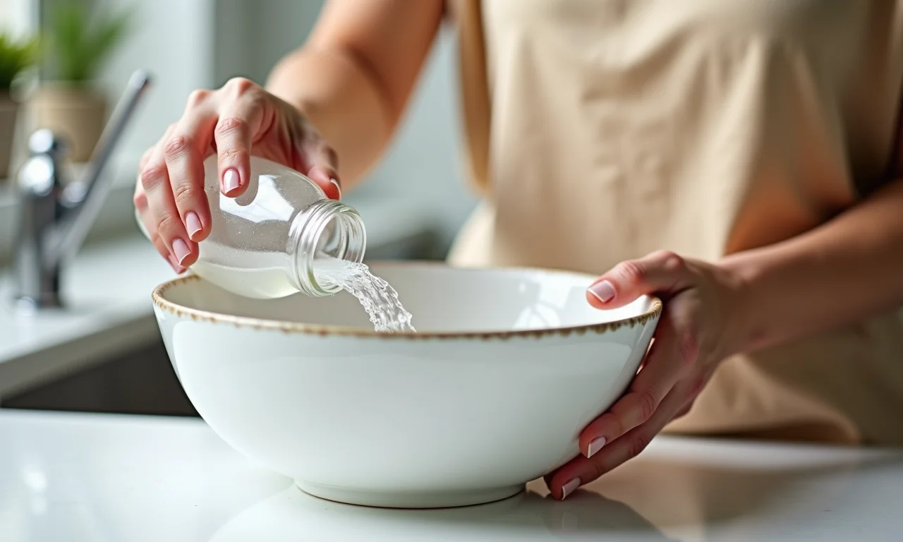 Mulher preparando amaciante caseiro com vinagre e bicarbonato.