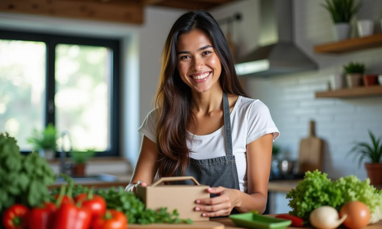 Mulher preparando marmitas em cozinha moderna e iluminada.