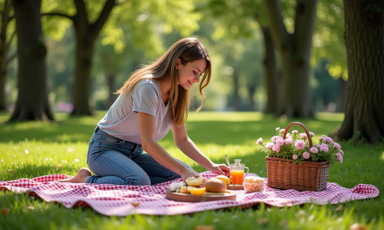 Mulher preparando piquenique em parque ensolarado.