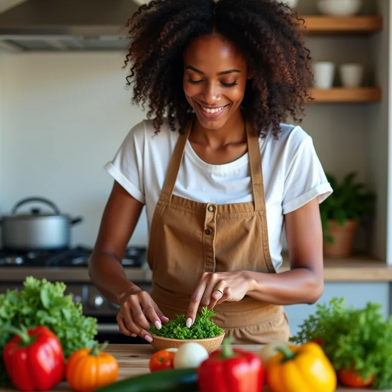 Mulher preparando refeição saudável com ingredientes frescos