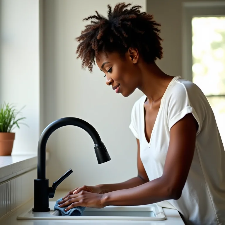 Mulher prevenindo manchas em torneira preta fosca