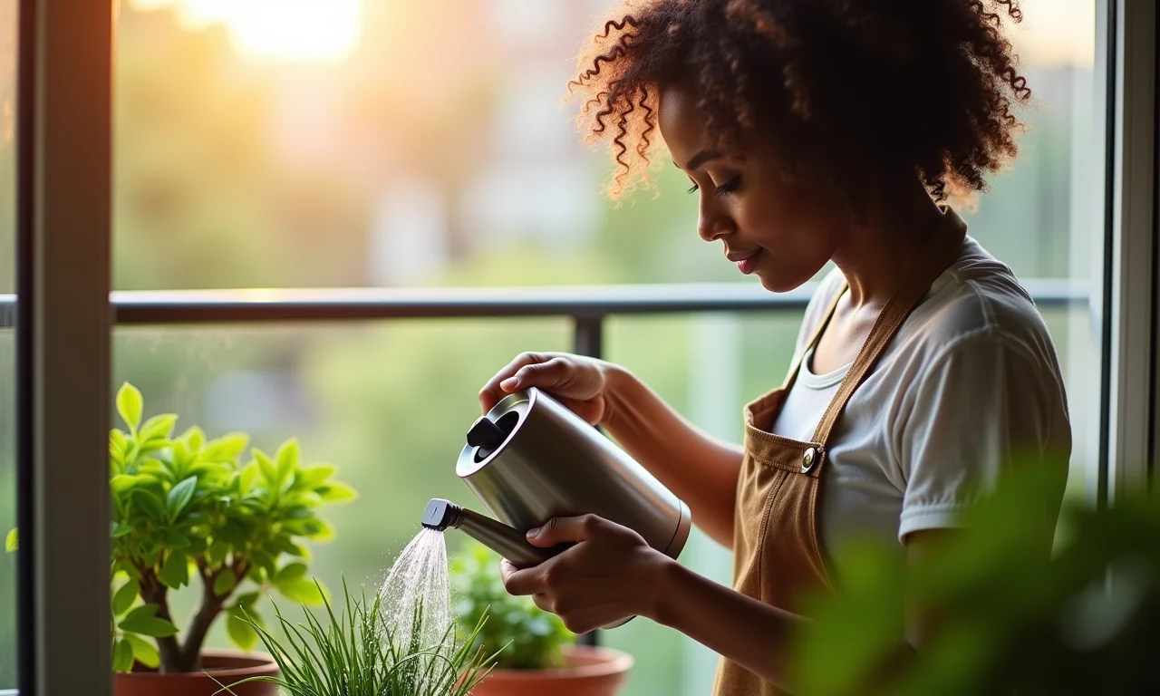 Mulher regando plantas em uma varanda ensolarada, focando na técnica correta.