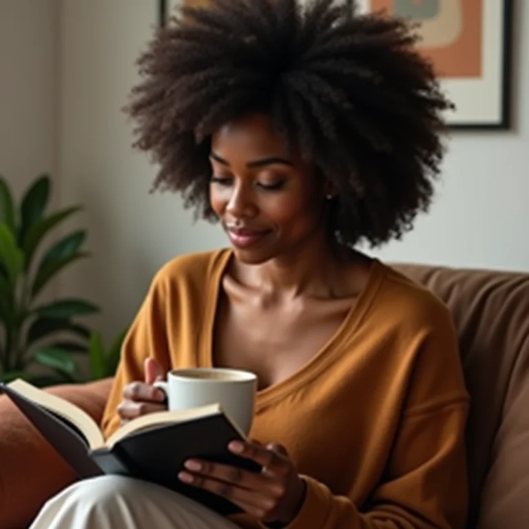 Mulher relaxando com um livro e café, representando felicidade sem gastos excessivos