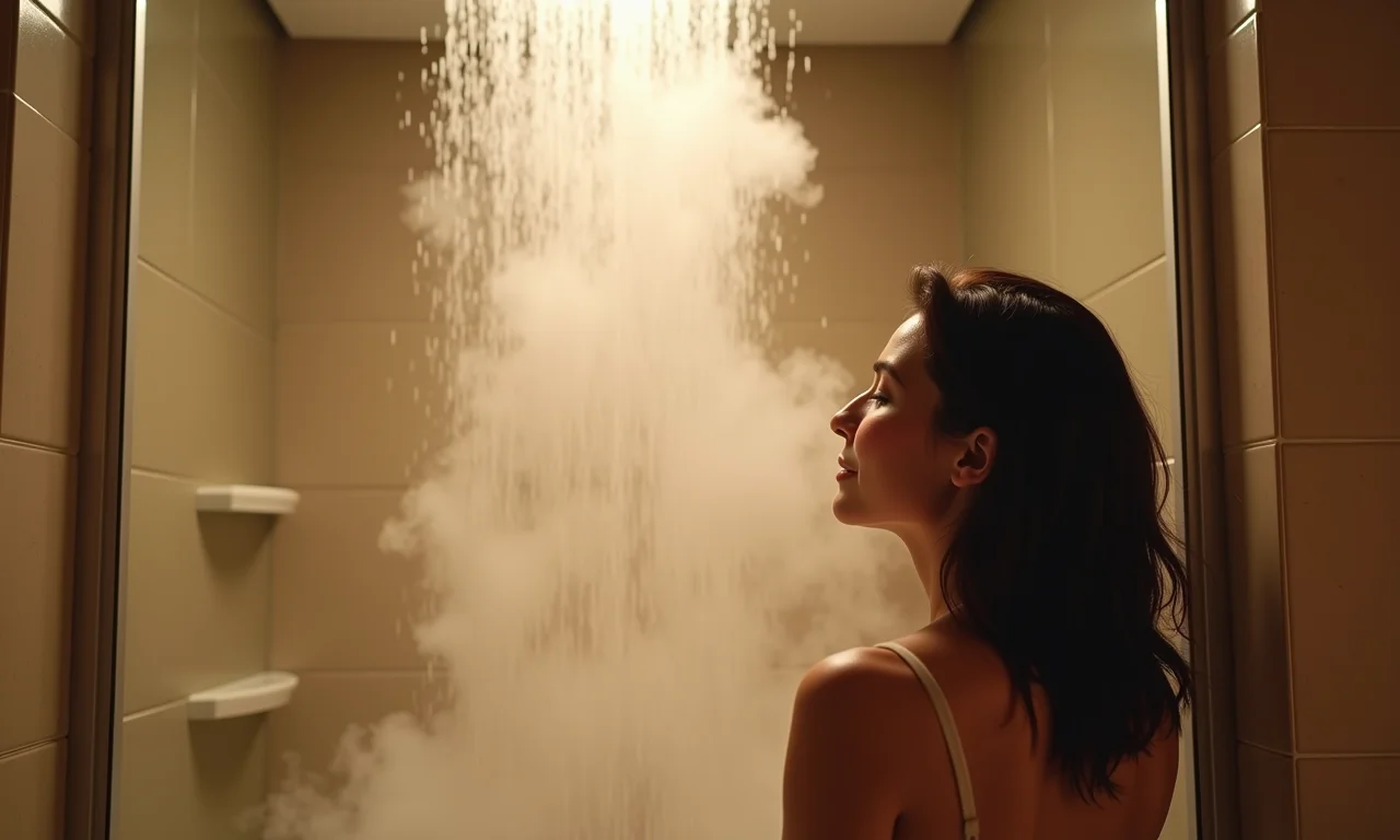 Mulher relaxando em um box até o teto com vapor no banheiro.