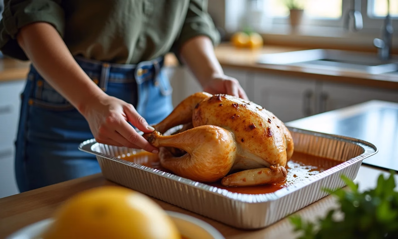 Mulher removendo frango assado de uma assadeira de alumínio.