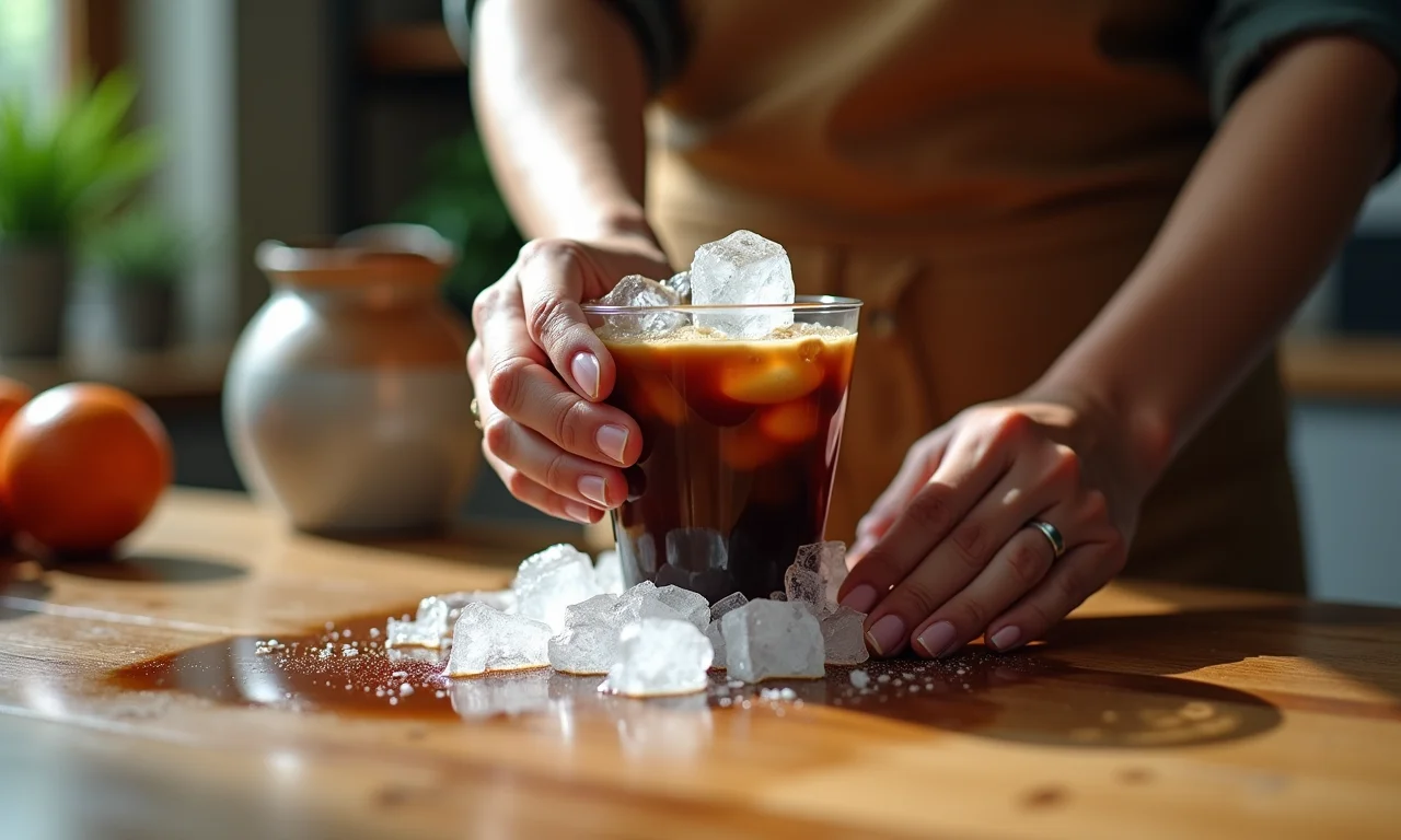 Mulher removendo mancha de café com gelo em cozinha estilo Farm Rio.