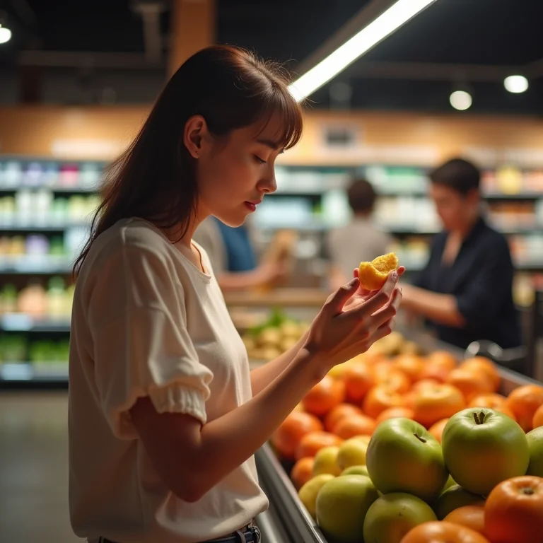 Mulher resistindo à compra por impulso de um doce no caixa do supermercado.