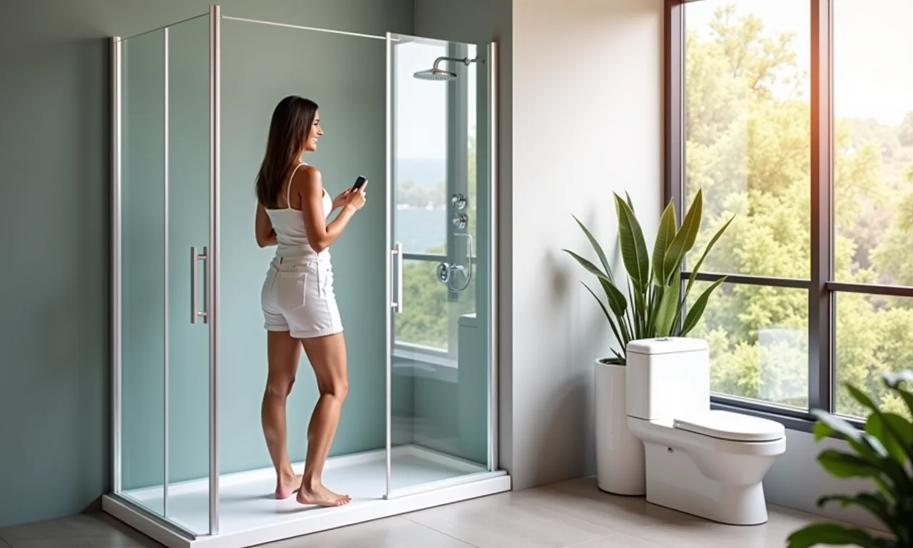 Mulher satisfeita em banheiro com box de acrílico, destacando as vantagens do material.