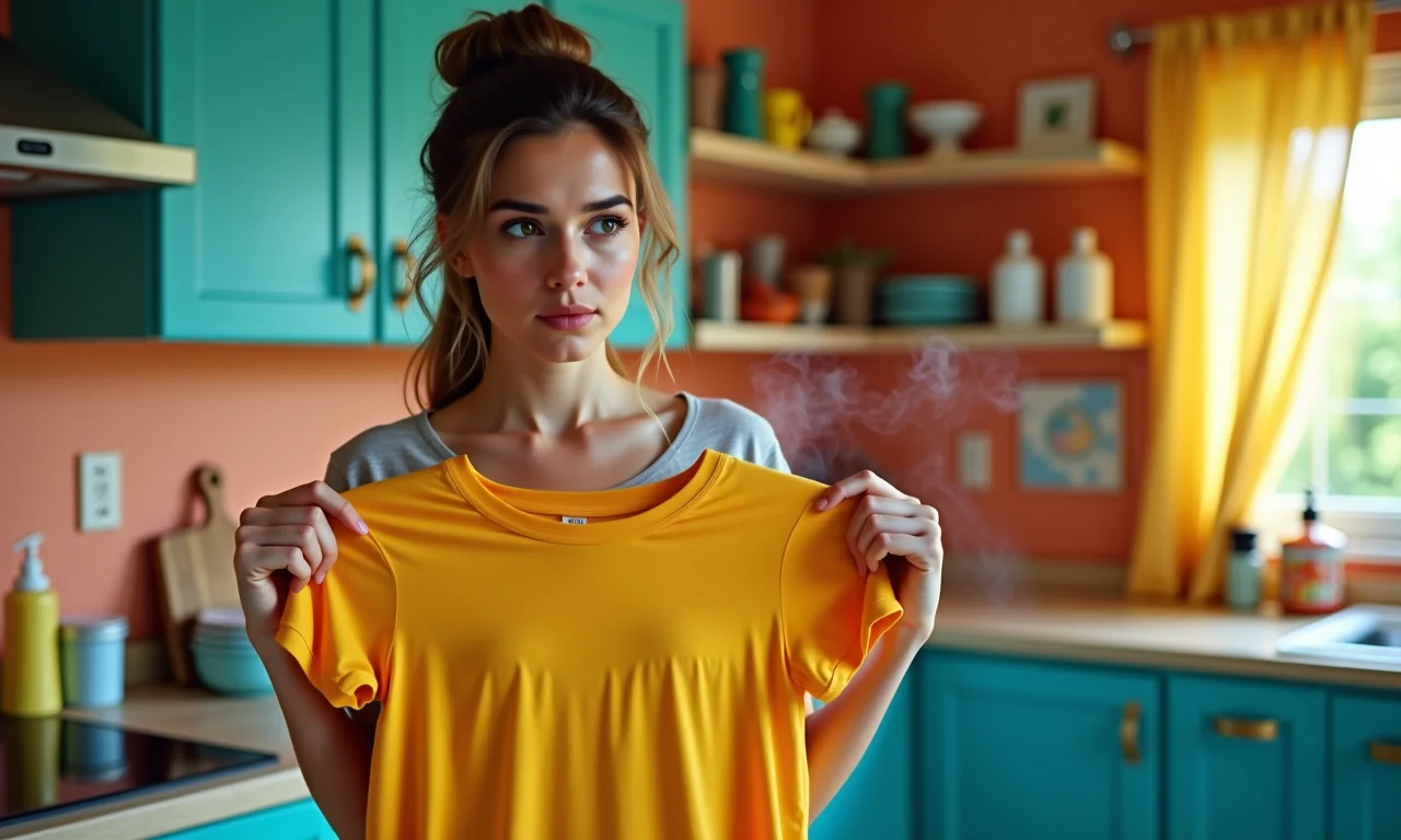 Mulher segurando camiseta quente e encolhida, com expressão de decepção.