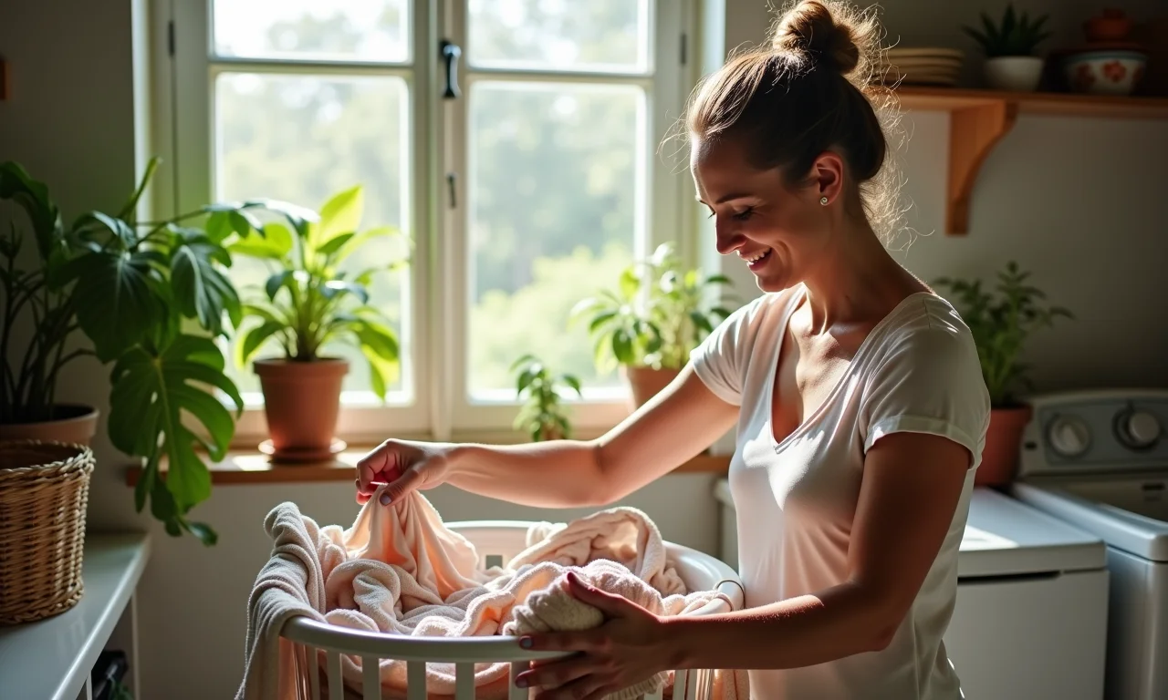 Mulher separando roupas delicadas antes da lavagem.