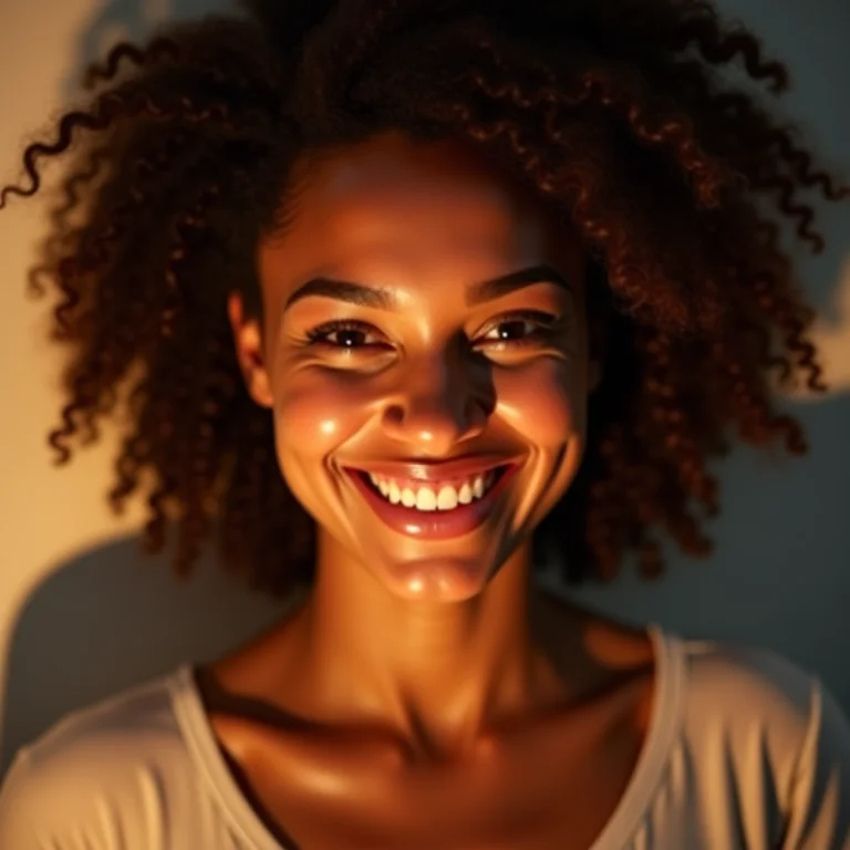 Mulher sorrindo com a luz da luminária de LED