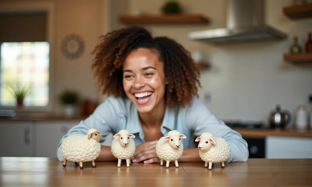 Mulher sorrindo em cozinha decorada com ovelhas, mostrando o charme da decoração.