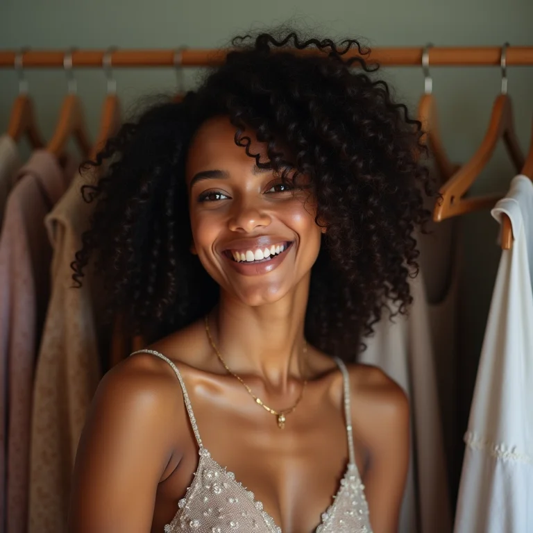 Mulher sorrindo enquanto escolhe roupa na arara