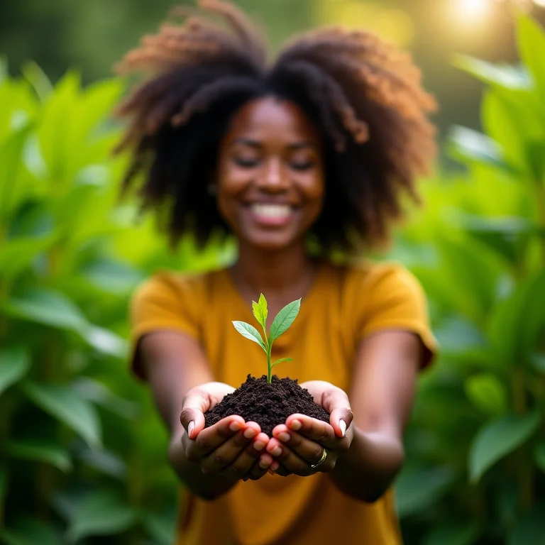 Mulher sorrindo segurando muda de planta