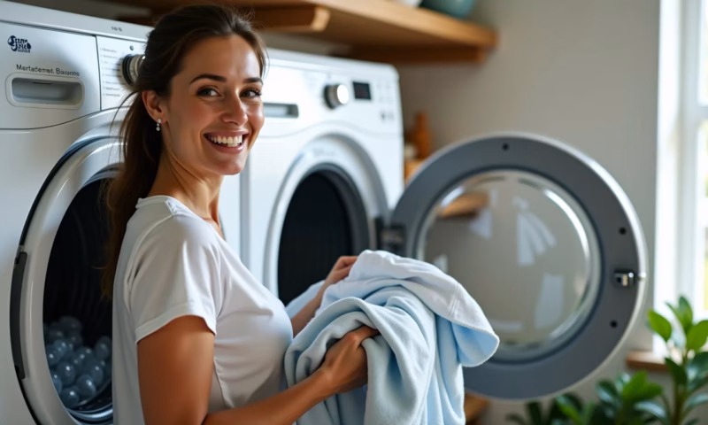 Mulher sorrindo segurando roupa levemente úmida perto da secadora com cubos de gelo.