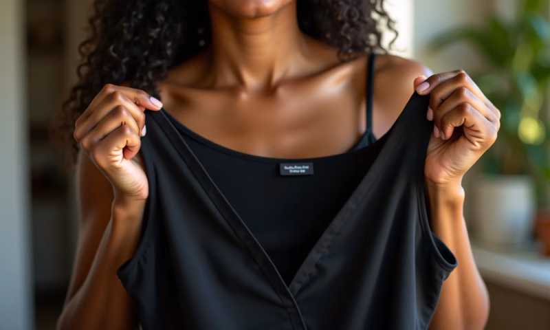 O segredo para manter suas roupas pretas com cara de novas por anos Mulher sorrindo segurando vestido preto bem conservado.