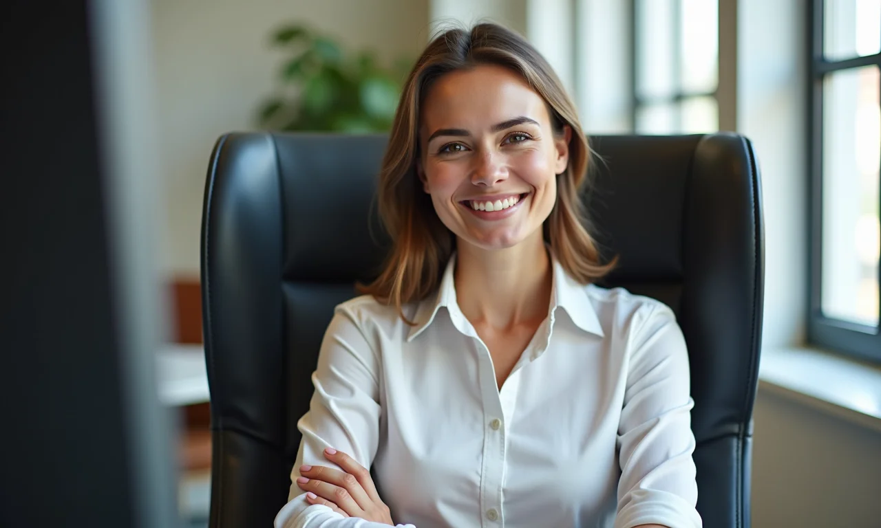 Mulher sorrindo sentada em uma cadeira de escritório confortável.