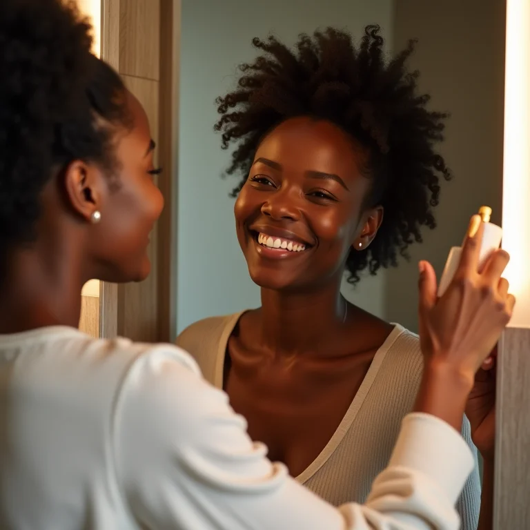 Mulher sorrindo usando armário planejado no banheiro
