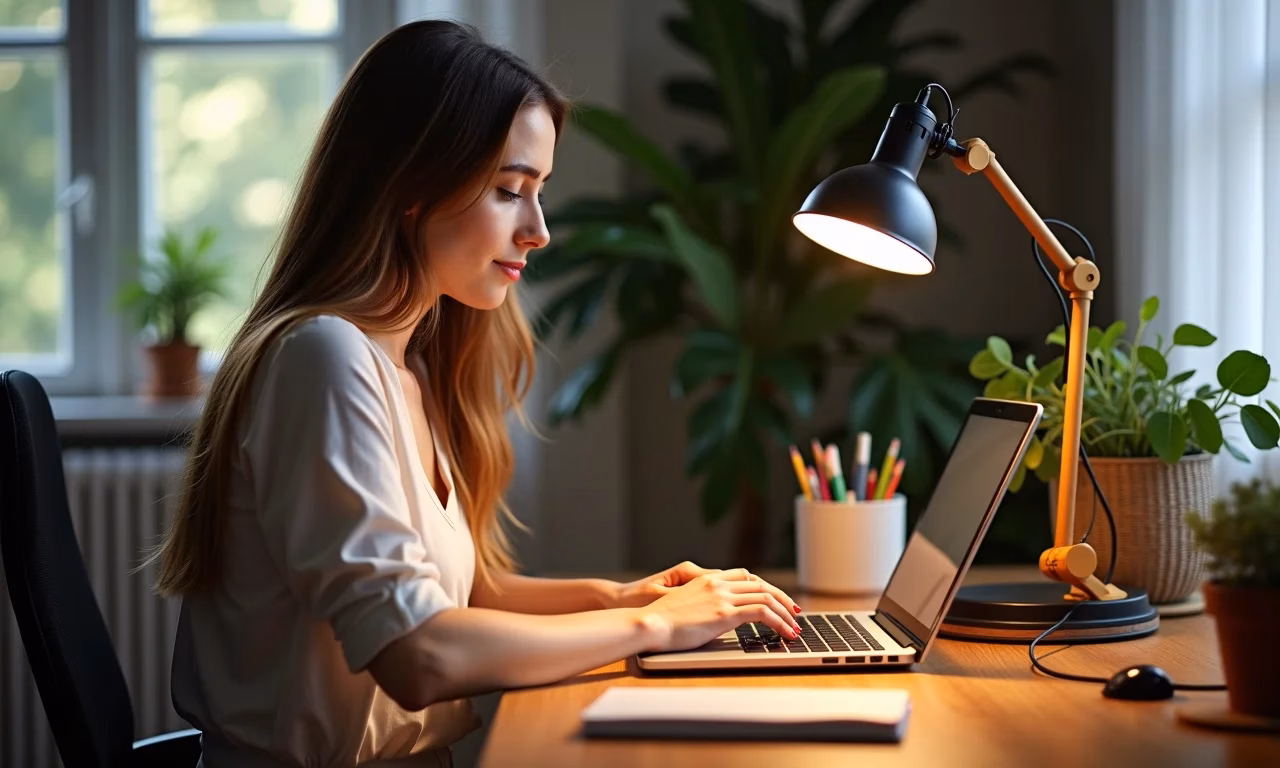 Mulher trabalhando em casa com luminária de clip iluminando sua mesa.