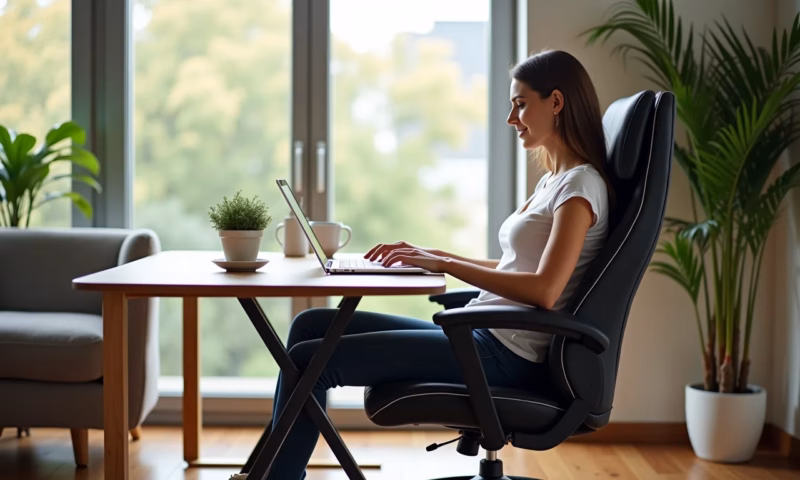 Mulher trabalhando em casa, sentada em uma cadeira de escritório ergonômica com massagem.