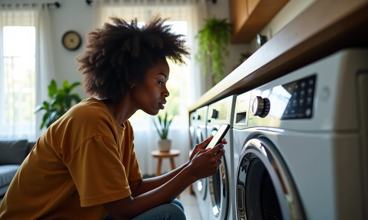 Mulher usando aplicativo no celular para controlar a máquina de lavar.