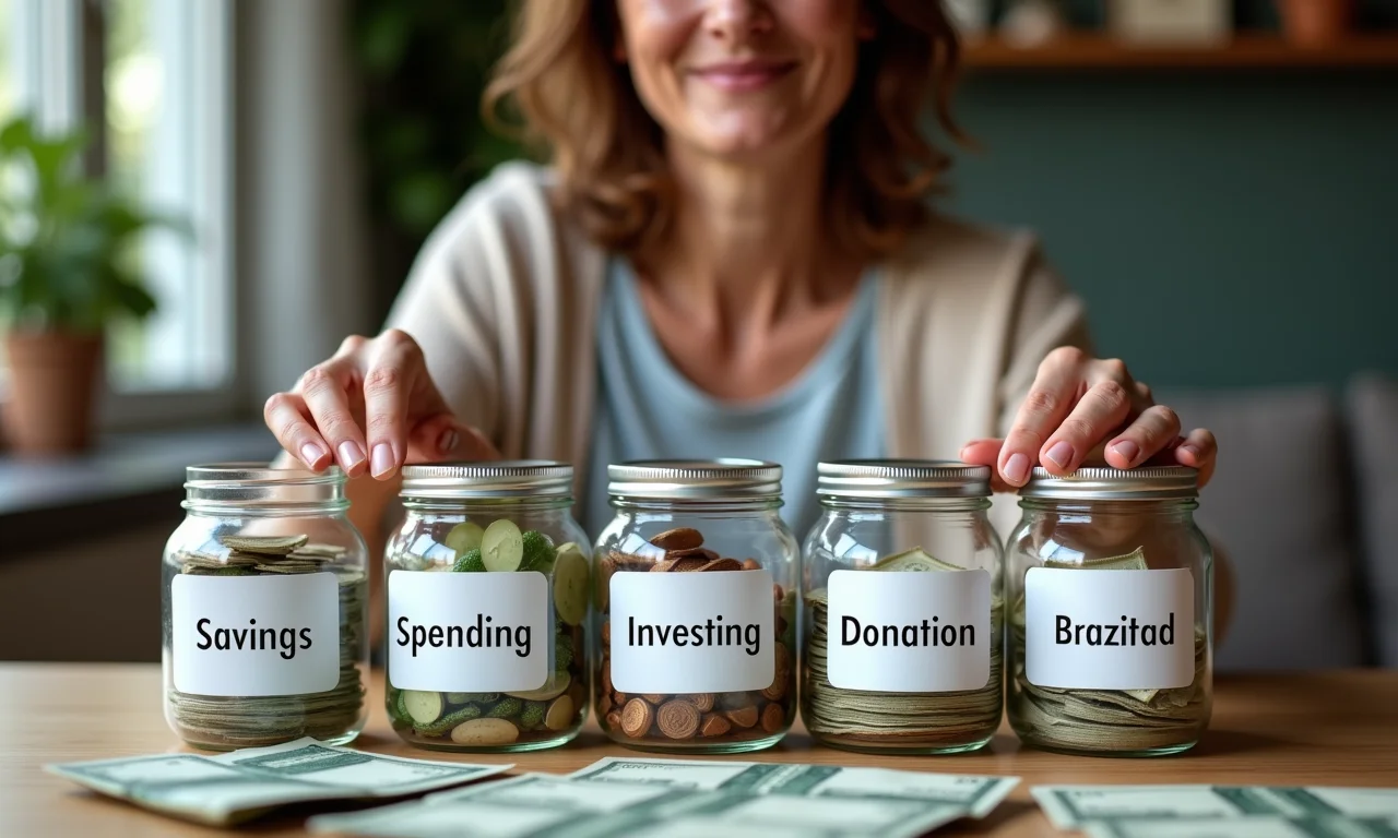 Mulher usando cofrinho de 4 potes para organizar o dinheiro.