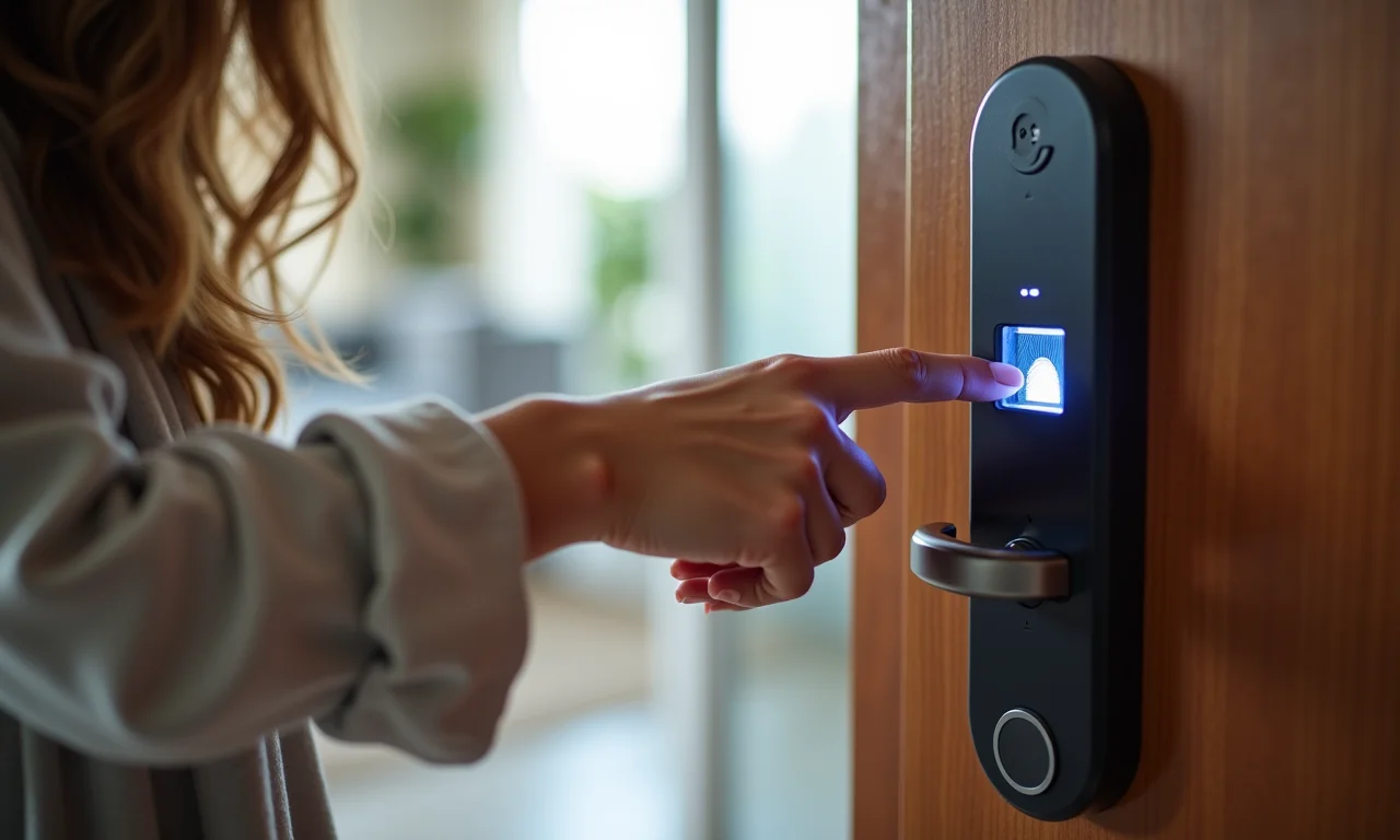 Mulher usando fechadura biométrica em porta de apartamento.