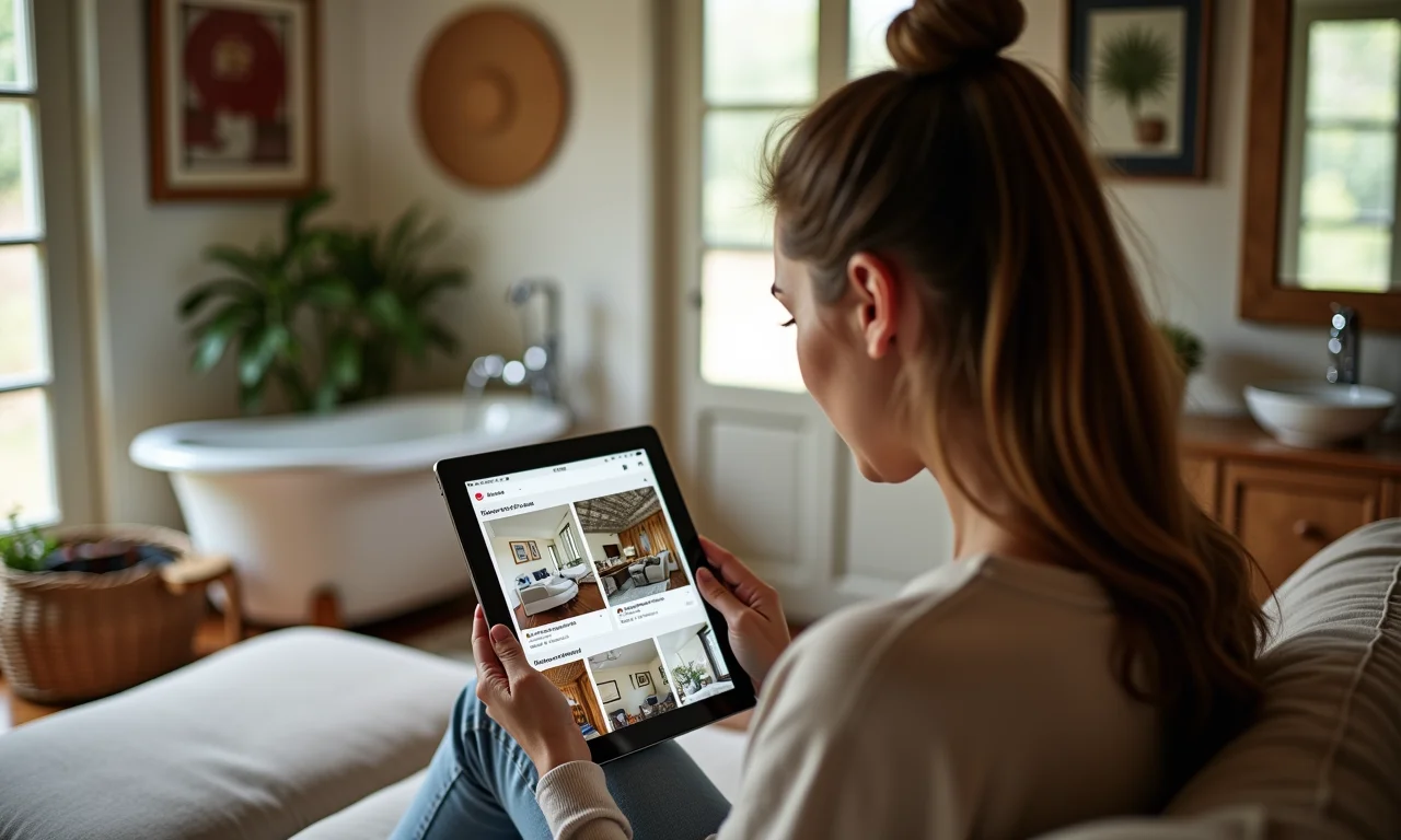 Mulher usando Pinterest para buscar ideias de design de banheiro.