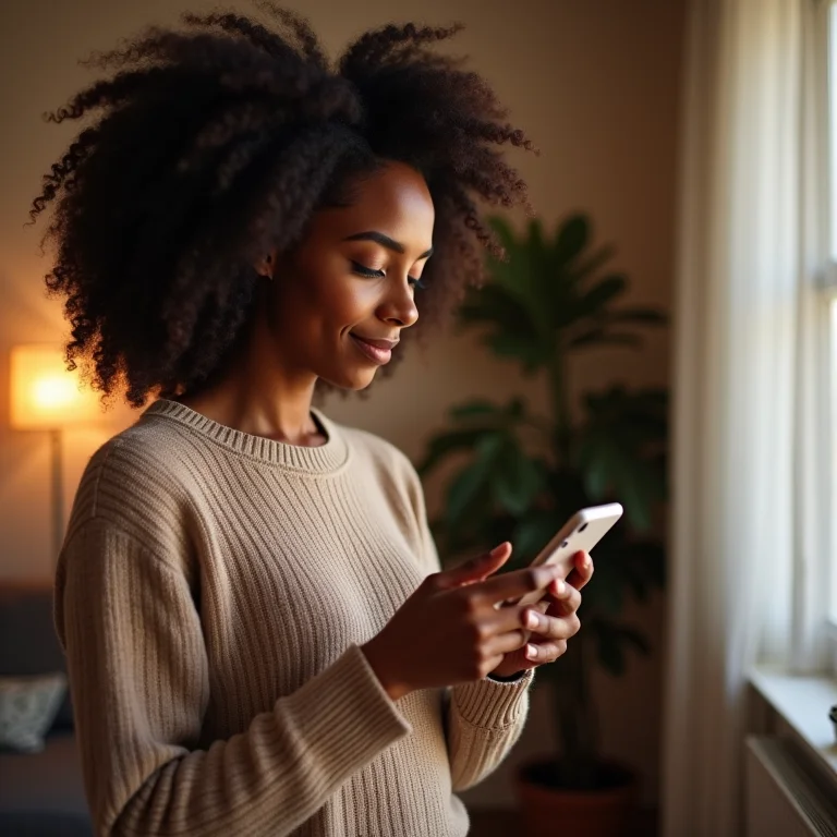 Mulher usando smartphone para controlar tomada inteligente.