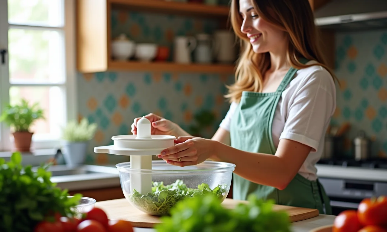 Mulher usando um secador de salada manual na cozinha.