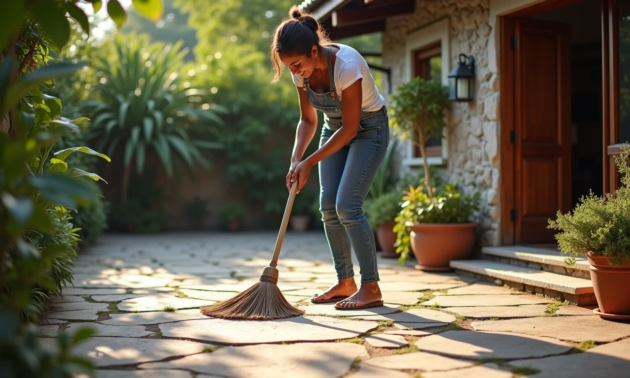 Mulher varrendo pátio de Pedra São Tomé, limpeza diária fácil.