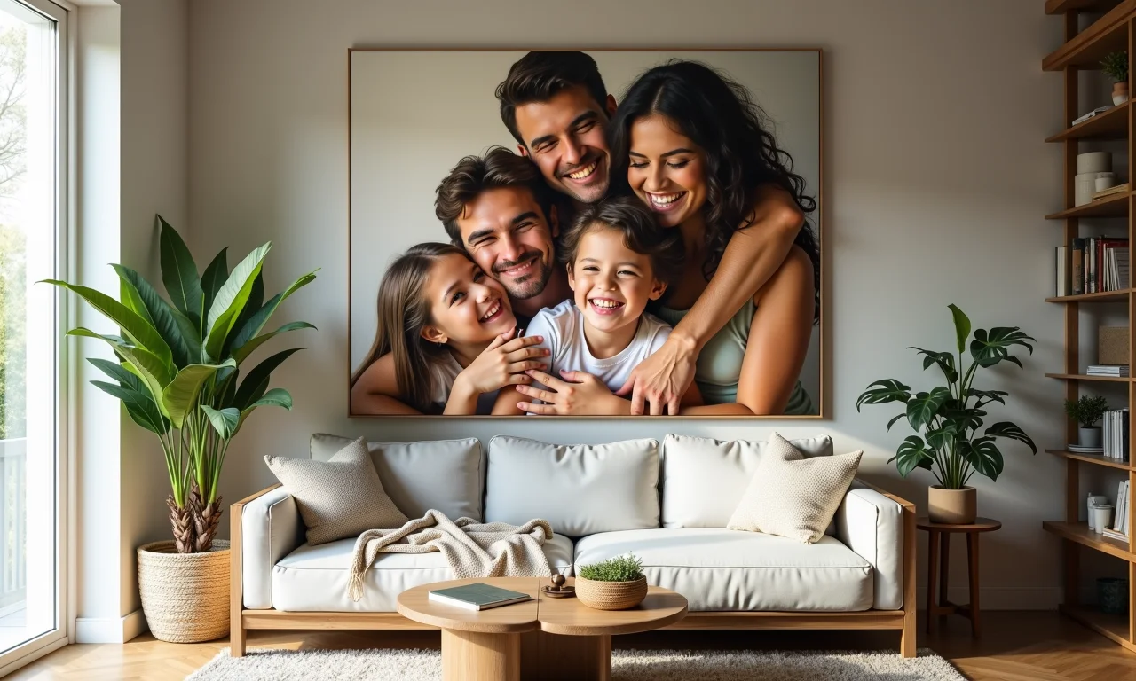 Mural de fotos com recordações à vista em uma parede da sala.